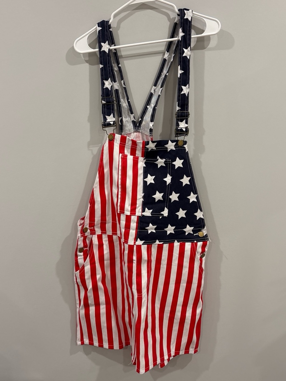 American Flag Print Short Overalls Jumpsuit - Red, White & Blue